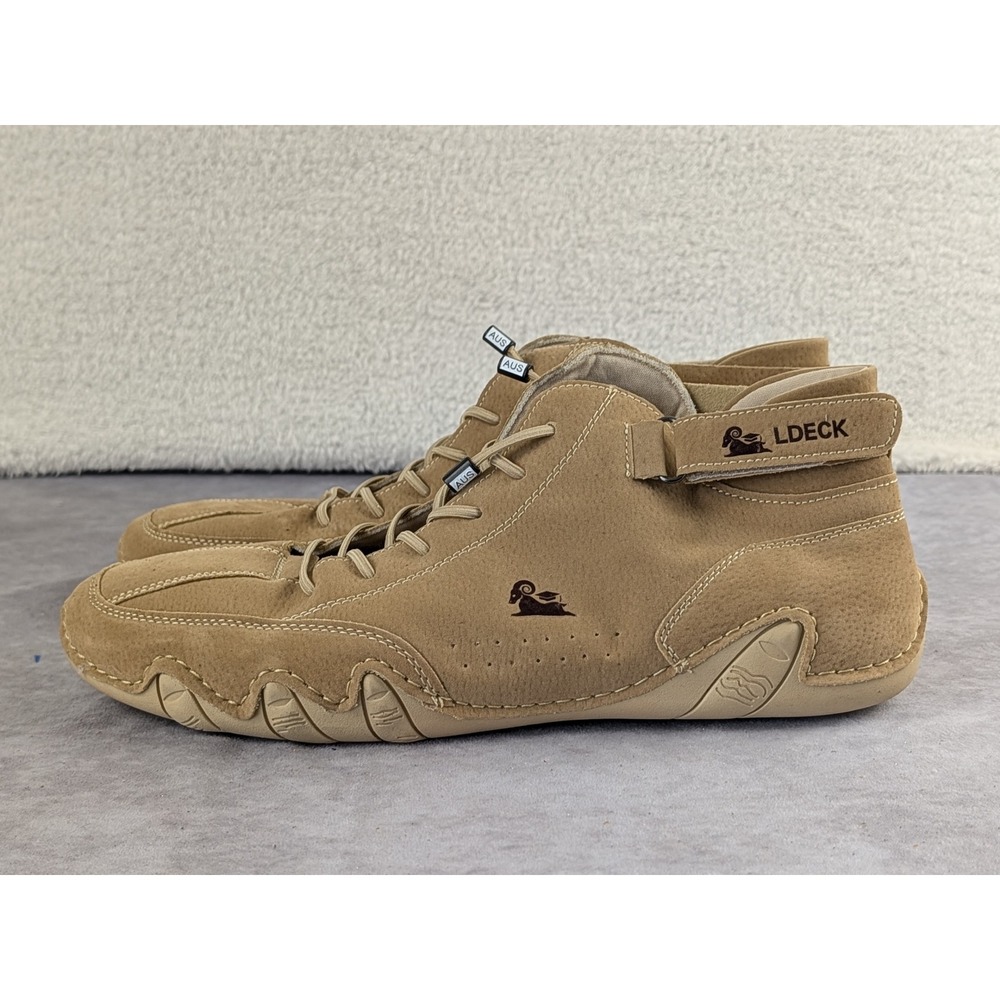 LDECK Mens Mid Top Casual Shoes Tan Nubuck Bungee Lace Ankle Strap Size 46